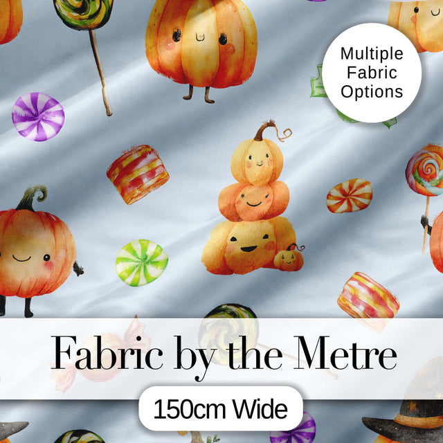 Cute Candy Pumpkin Characters Sweet Halloween Seamless Pattern UK Digital Print Fabric by the Metre UK Sewing Quilting Textile