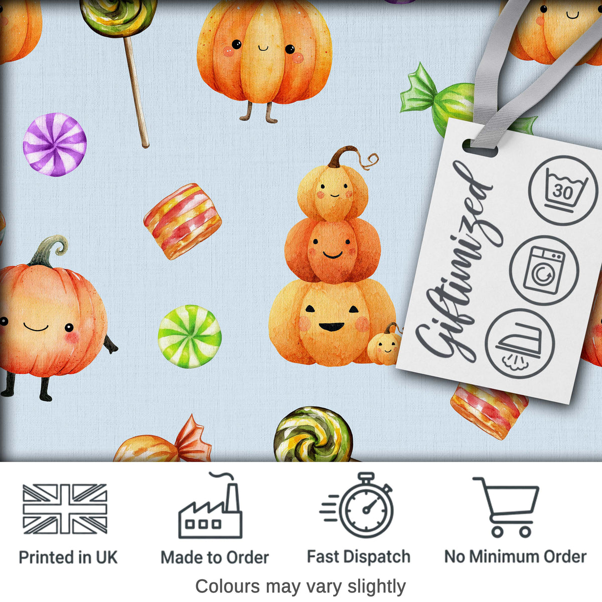 Cute Candy Pumpkin Characters Sweet Halloween Seamless Pattern UK Digital Print Fabric by the Metre UK Sewing Quilting Textile