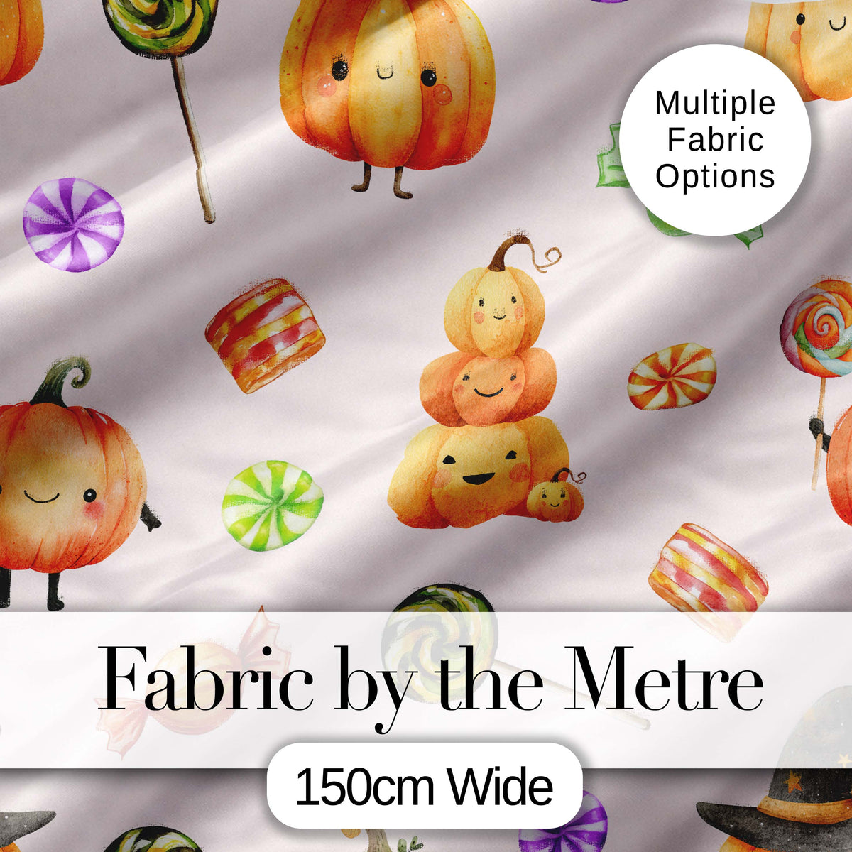 Cute Halloween Pumpkin Candy Characters Pastel Background Seamless Pattern Digital Print Fabric by the Metre UK Sewing Quilting Textile