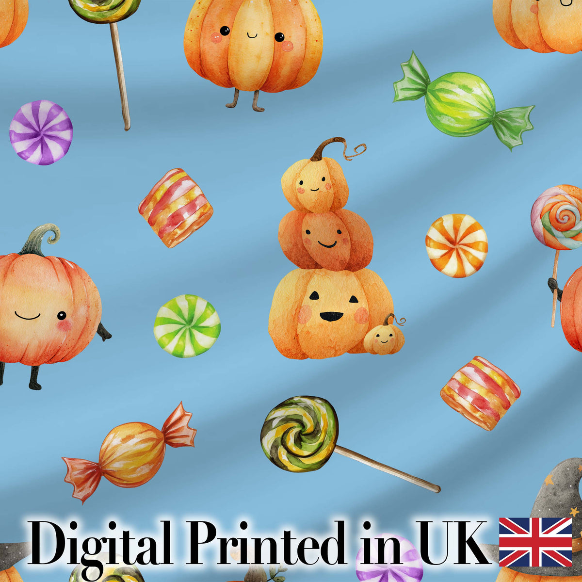 Cute Halloween Pumpkin Candy Characters Blue Background Seamless Pattern Digital Print Fabric by the Metre UK Sewing Quilting Textile