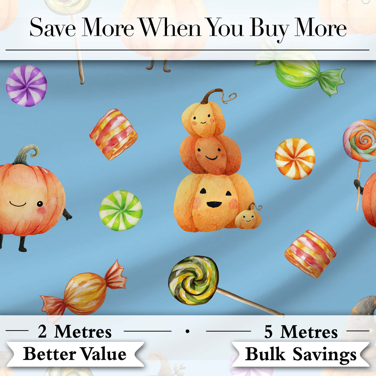 Cute Halloween Pumpkin Candy Characters Blue Background Seamless Pattern Digital Print Fabric by the Metre UK Sewing Quilting Textile