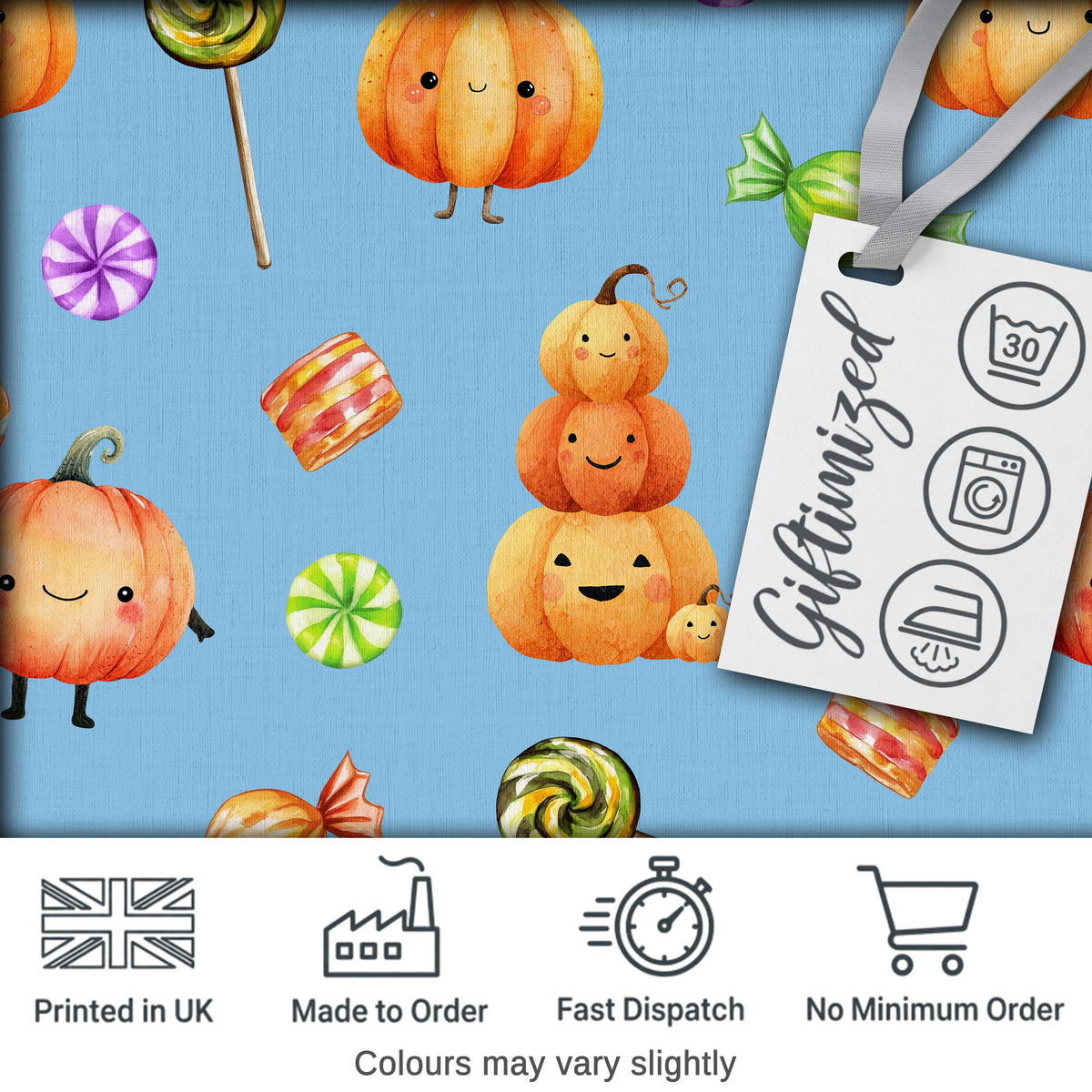 Cute Halloween Pumpkin Candy Characters Blue Background Seamless Pattern Digital Print Fabric by the Metre UK Sewing Quilting Textile