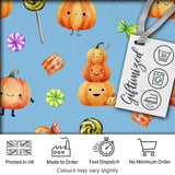Cute Halloween Pumpkin Candy Characters Blue Background Seamless Pattern Digital Print Fabric by the Metre UK Sewing Quilting Textile