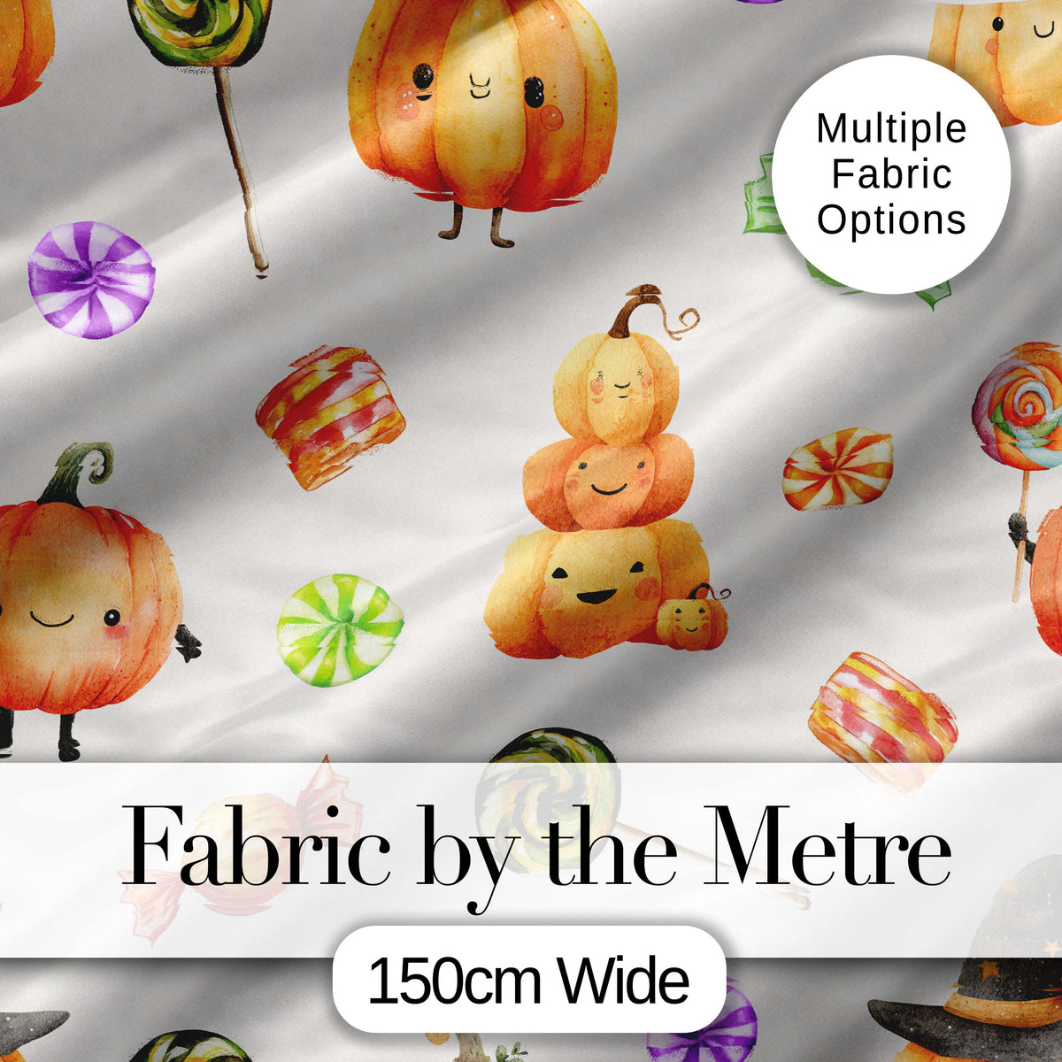 Cute Halloween Pumpkin Candy Characters Neutral Background Seamless Pattern Digital Print Fabric by the Metre UK Sewing Quilting Textile