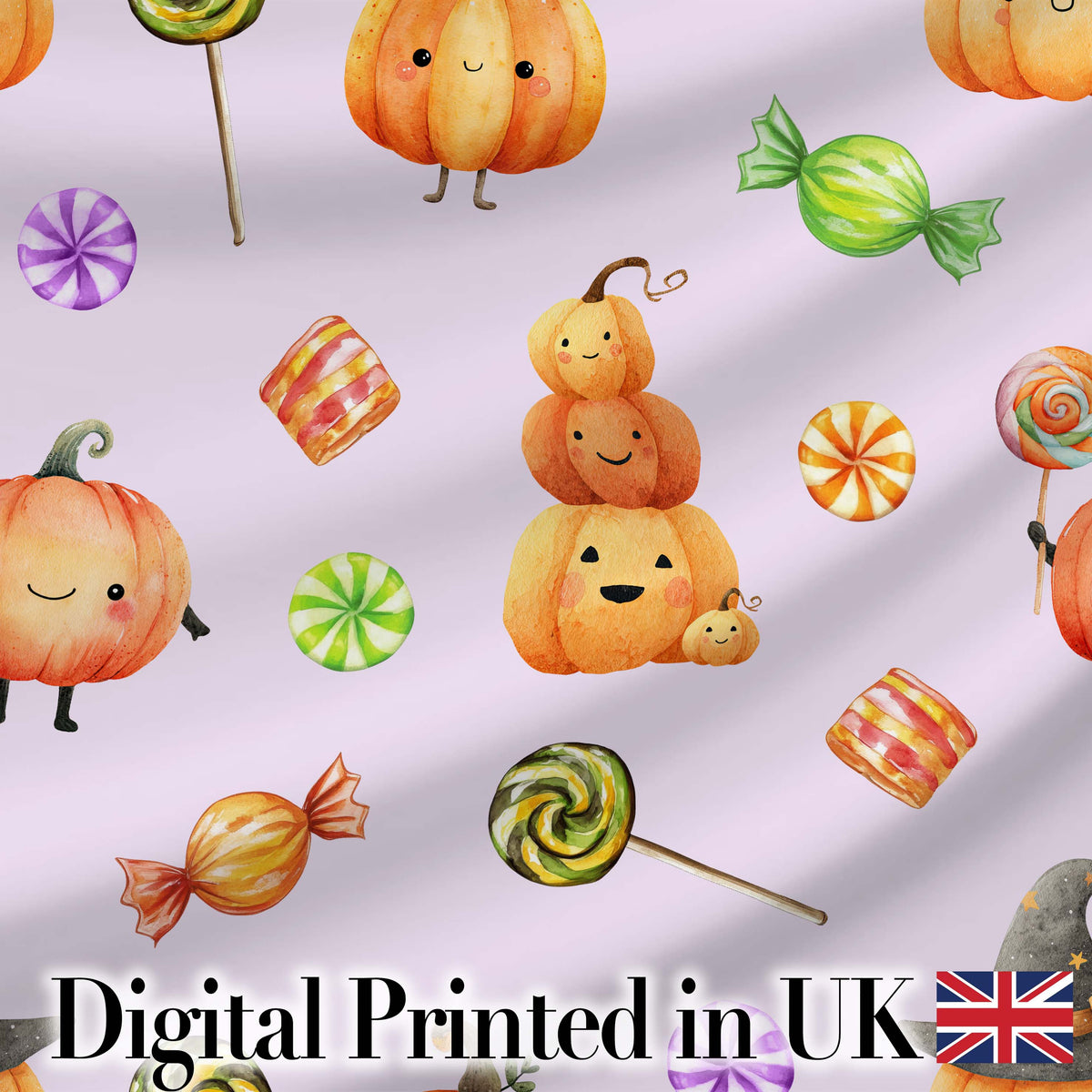 Cute Halloween Pumpkin Candy Characters Lilac Background Seamless Pattern Digital Print Fabric by the Metre UK Sewing Quilting Textile