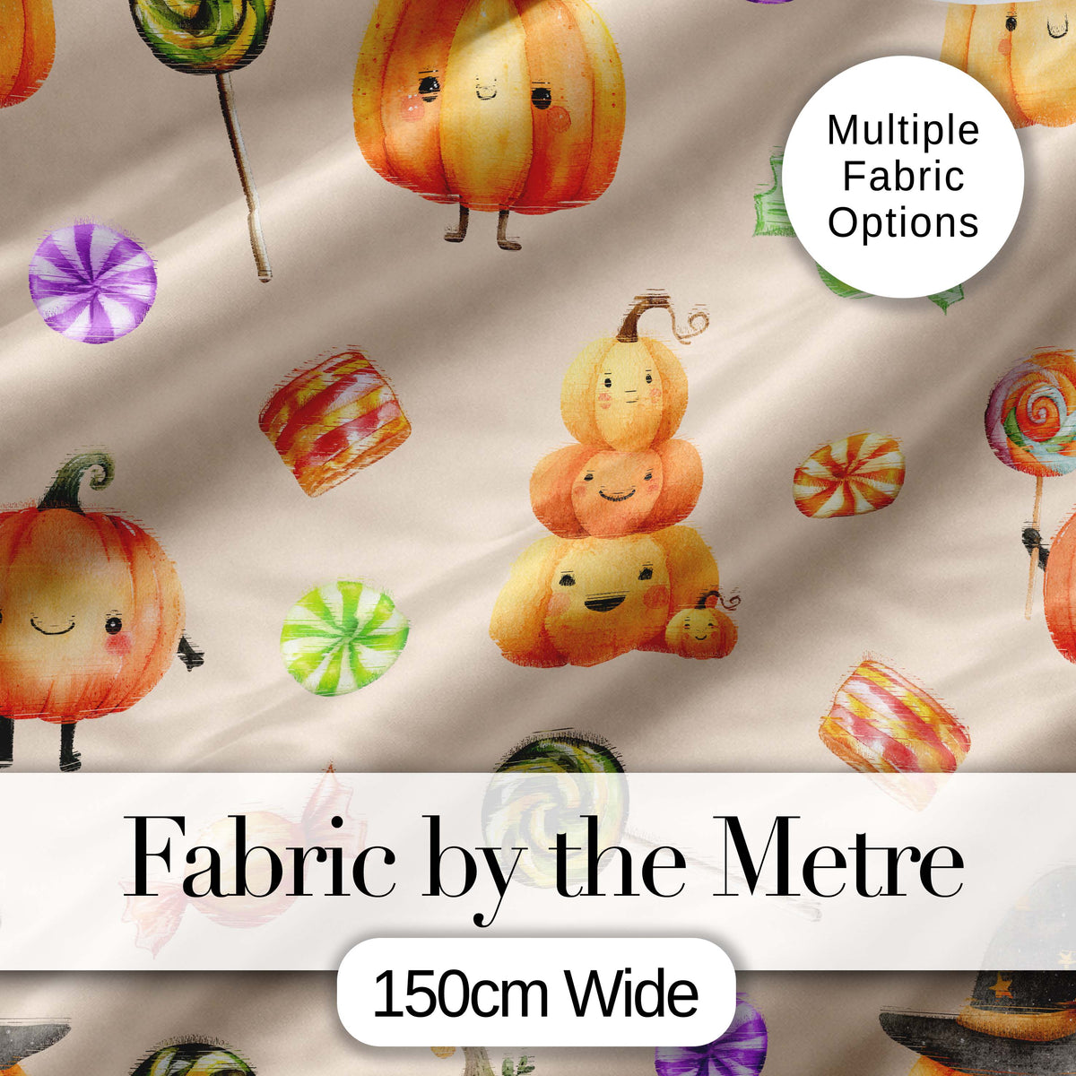 Cute Halloween Pumpkin Candy Characters Beige Background Seamless Pattern Digital Print Fabric by the Metre UK Sewing Quilting Textile