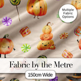 Cute Halloween Pumpkin Candy Characters Beige Background Seamless Pattern Digital Print Fabric by the Metre UK Sewing Quilting Textile