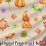 Cute Halloween Pumpkin Candy Characters Beige Background Seamless Pattern Digital Print Fabric by the Metre UK Sewing Quilting Textile