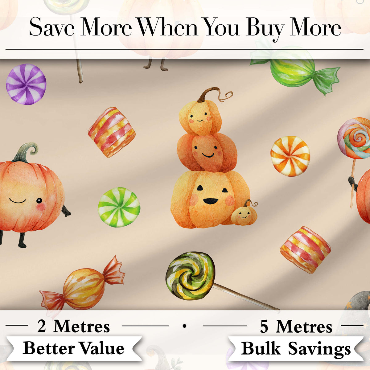 Cute Halloween Pumpkin Candy Characters Beige Background Seamless Pattern Digital Print Fabric by the Metre UK Sewing Quilting Textile