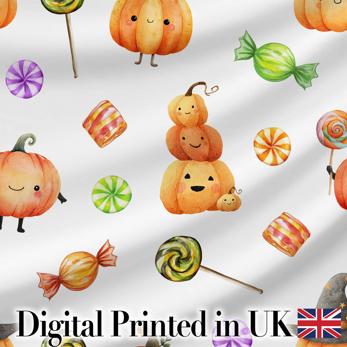 Cute Halloween Pumpkin Candy Characters Soft Grey Background Seamless Pattern Digital Print Fabric by the Metre UK Sewing Quilting Textile