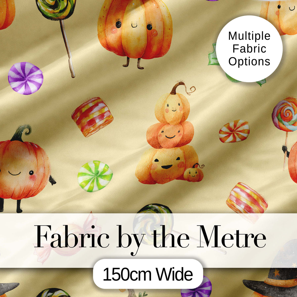 Cute Halloween Pumpkin Candy Characters Warm Beige Background Seamless Pattern Digital Print Fabric by the Metre UK Sewing Quilting Textile
