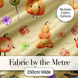 Cute Halloween Pumpkin Candy Characters Warm Beige Background Seamless Pattern Digital Print Fabric by the Metre UK Sewing Quilting Textile