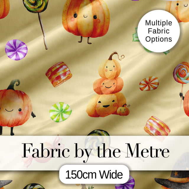 Cute Halloween Pumpkin Candy Characters Warm Beige Background Seamless Pattern Digital Print Fabric by the Metre UK Sewing Quilting Textile