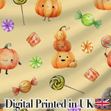 Cute Halloween Pumpkin Candy Characters Warm Beige Background Seamless Pattern Digital Print Fabric by the Metre UK Sewing Quilting Textile