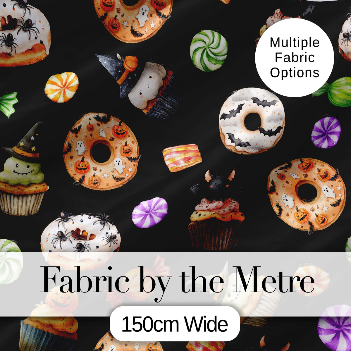 Cute Halloween Spooky Donuts Cupcakes Treats Black Background Seamless Pattern Digital Print Fabric by the Metre UK Sewing Quilting Textile