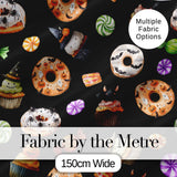 Cute Halloween Spooky Donuts Cupcakes Treats Black Background Seamless Pattern Digital Print Fabric by the Metre UK Sewing Quilting Textile