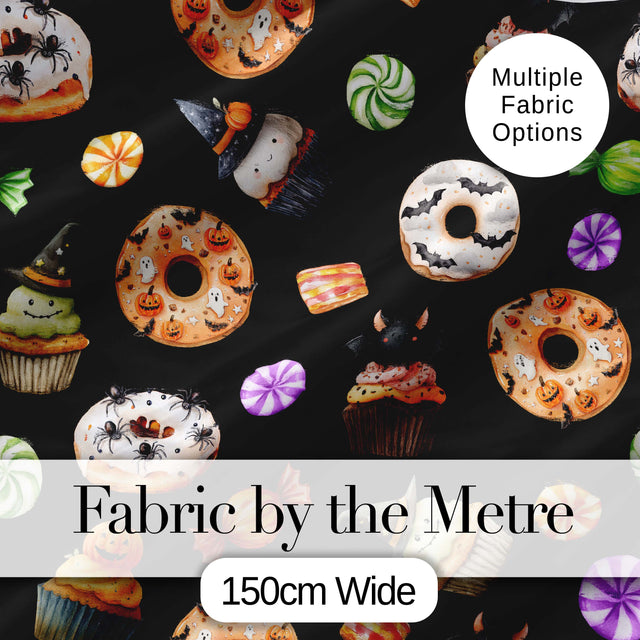 Cute Halloween Spooky Donuts Cupcakes Treats Black Background Seamless Pattern Digital Print Fabric by the Metre UK Sewing Quilting Textile