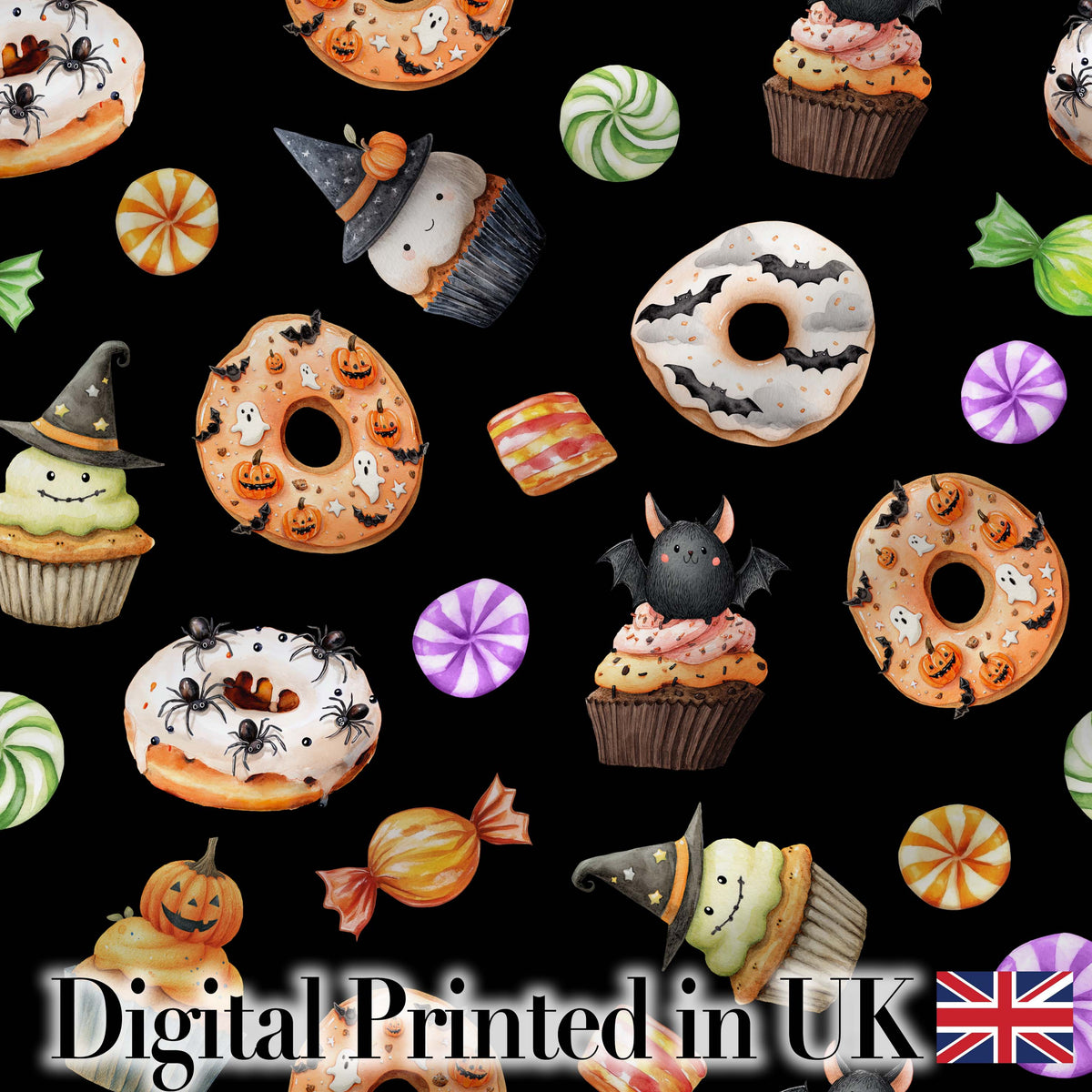 Cute Halloween Spooky Donuts Cupcakes Treats Black Background Seamless Pattern Digital Print Fabric by the Metre UK Sewing Quilting Textile