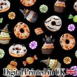 Cute Halloween Spooky Donuts Cupcakes Treats Black Background Seamless Pattern Digital Print Fabric by the Metre UK Sewing Quilting Textile