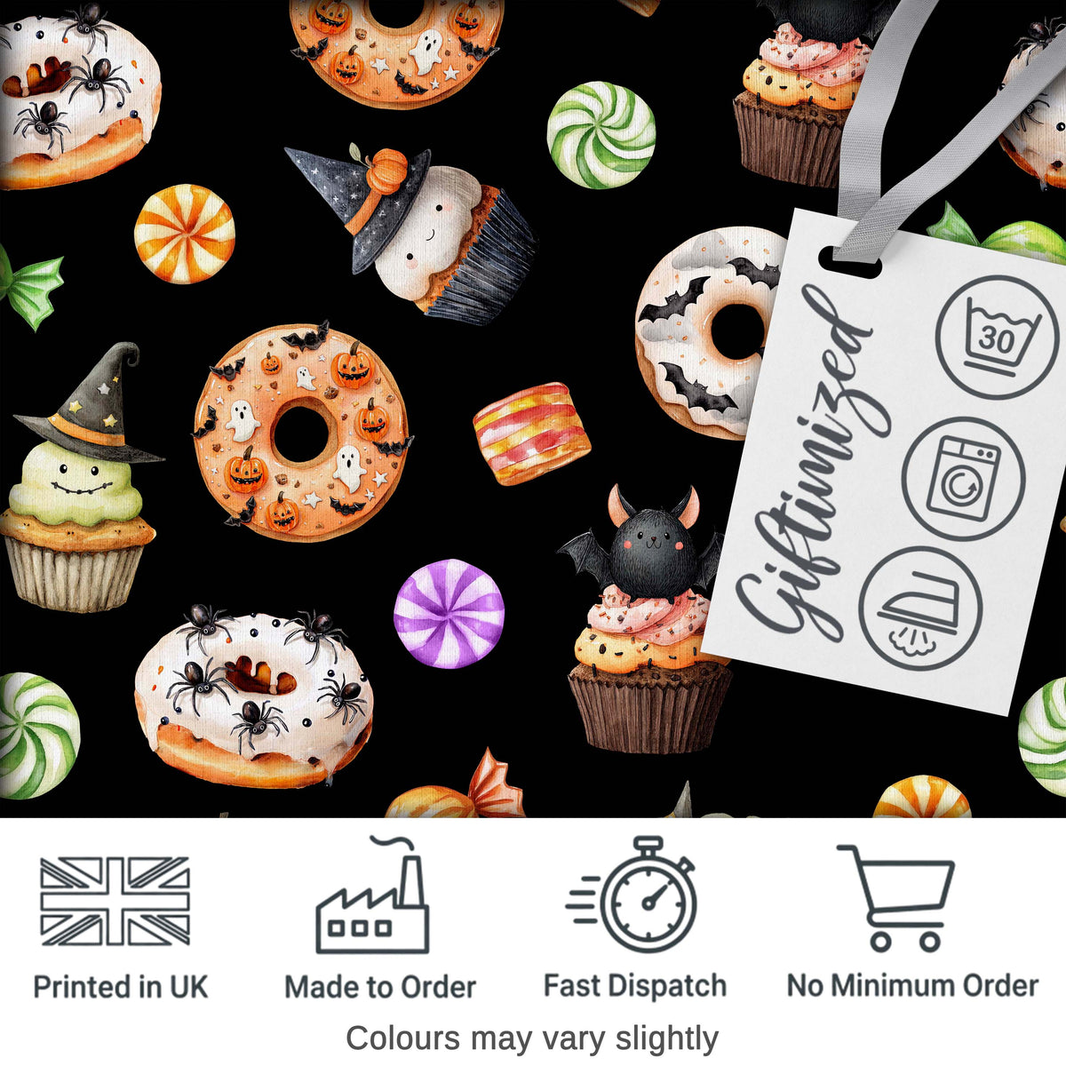 Cute Halloween Spooky Donuts Cupcakes Treats Black Background Seamless Pattern Digital Print Fabric by the Metre UK Sewing Quilting Textile
