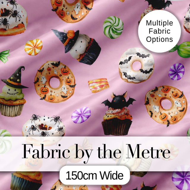 Cute Halloween Donuts Sweet Spooky Treats Pink Background Seamless Pattern Digital Print Fabric by the Metre UK Sewing Quilting Textile