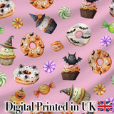 Cute Halloween Donuts Sweet Spooky Treats Pink Background Seamless Pattern Digital Print Fabric by the Metre UK Sewing Quilting Textile