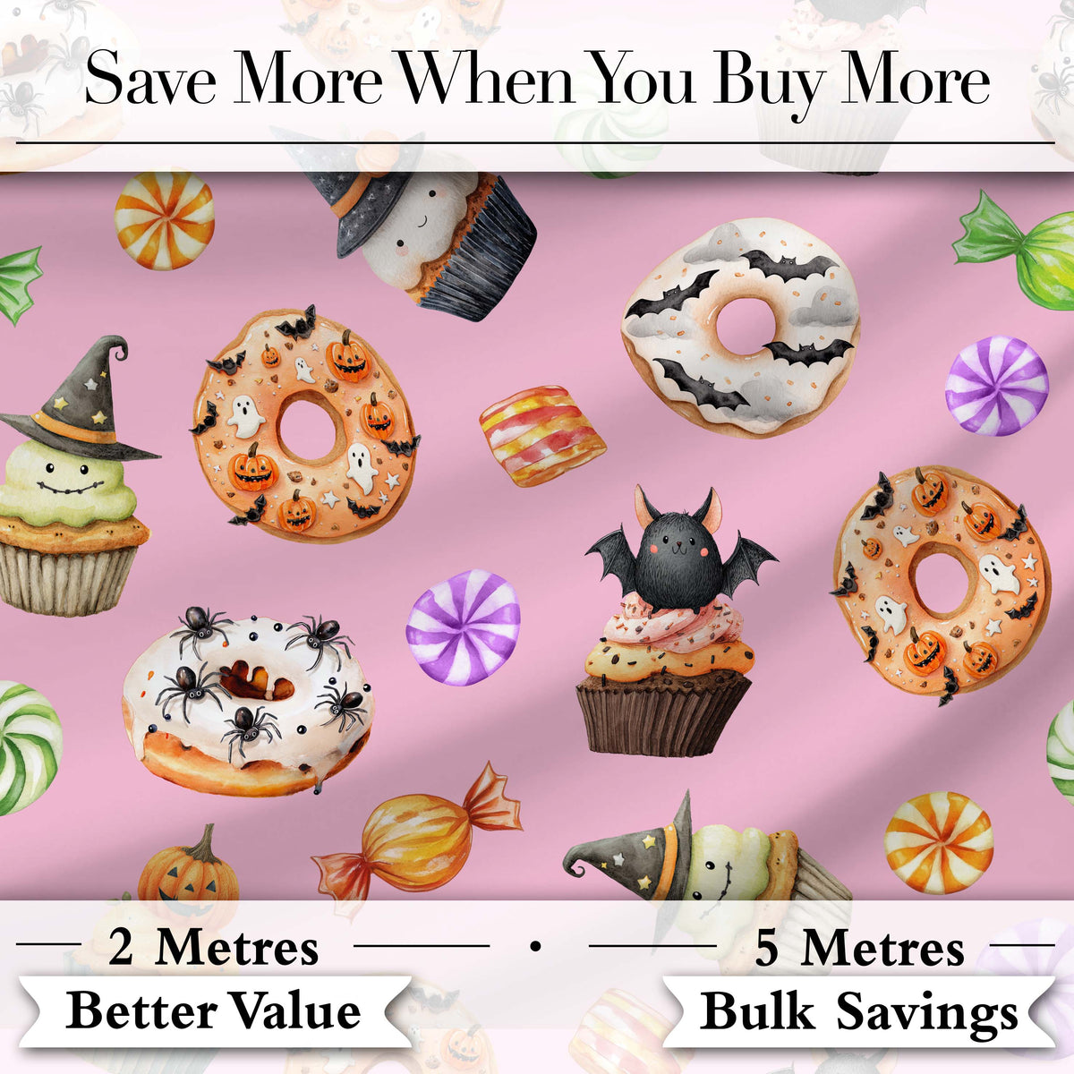 Cute Halloween Donuts Sweet Spooky Treats Pink Background Seamless Pattern Digital Print Fabric by the Metre UK Sewing Quilting Textile