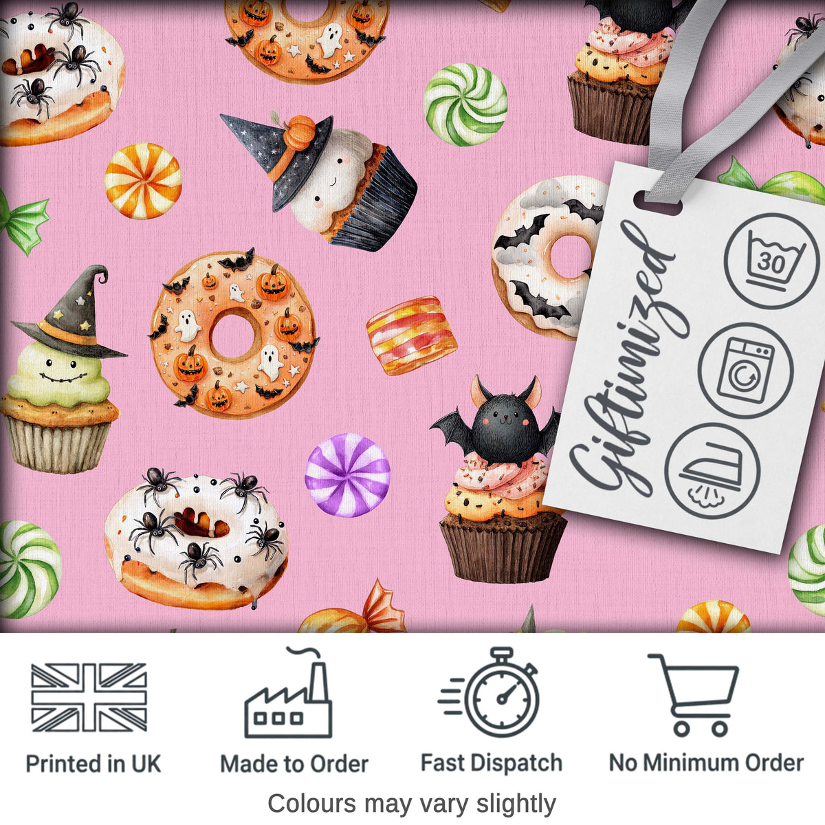 Cute Halloween Donuts Sweet Spooky Treats Pink Background Seamless Pattern Digital Print Fabric by the Metre UK Sewing Quilting Textile