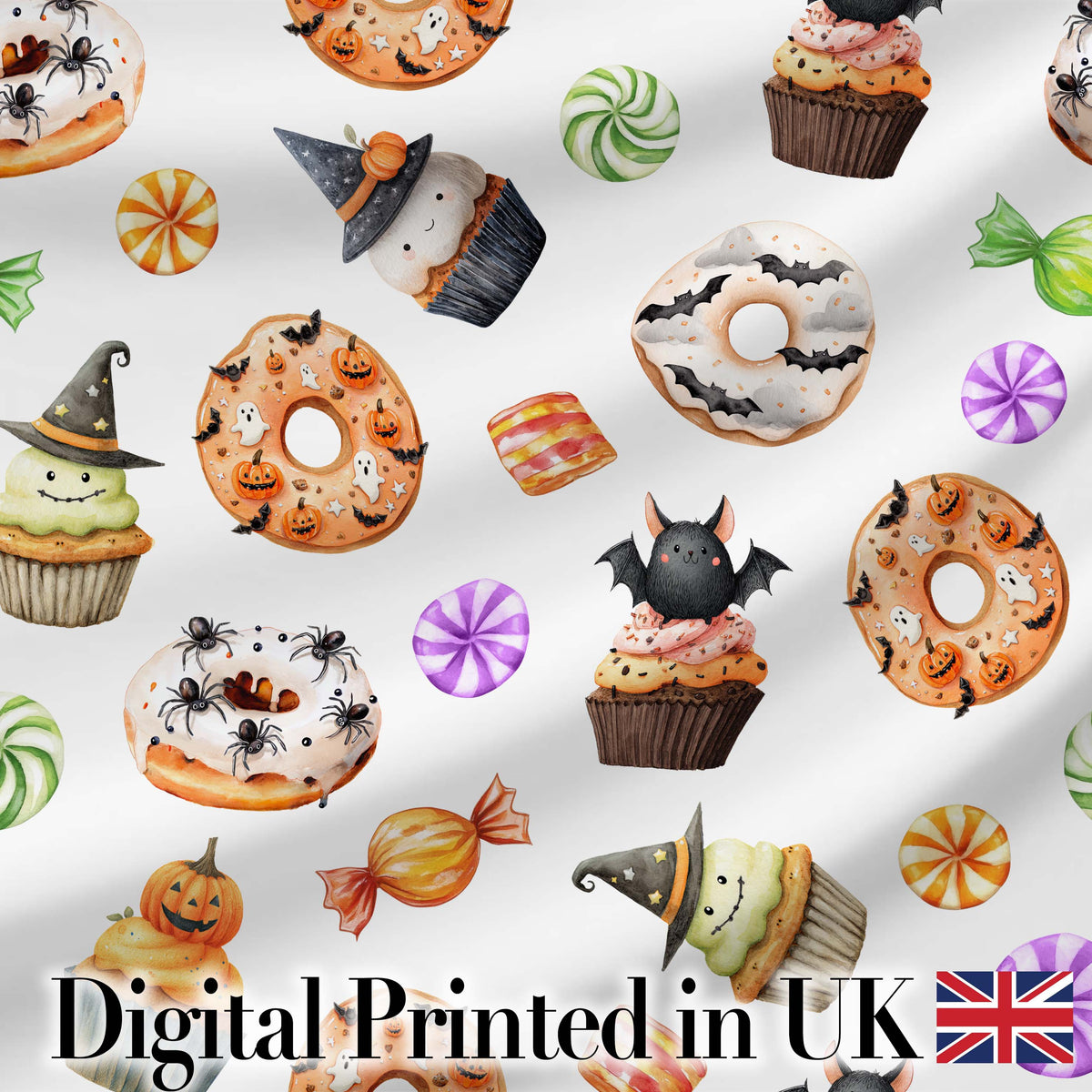 Cute Halloween Donut  Spooky Treats Light Grey Background Seamless Pattern Digital Print Fabric by the Metre UK Sewing Quilting Textile