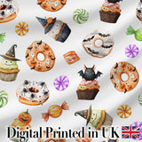 Cute Halloween Donut  Spooky Treats Light Grey Background Seamless Pattern Digital Print Fabric by the Metre UK Sewing Quilting Textile