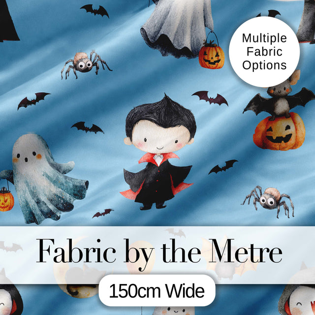Cute Halloween Vampire Ghost Bats Spooky  Blue Background Seamless Pattern Digital Print Fabric by the Metre UK Sewing Quilting Textile