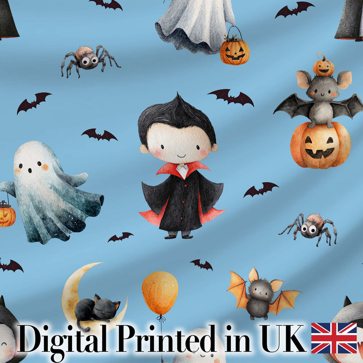 Cute Halloween Vampire Ghost Bats Spooky  Blue Background Seamless Pattern Digital Print Fabric by the Metre UK Sewing Quilting Textile