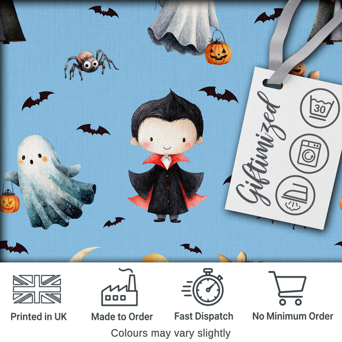 Cute Halloween Vampire Ghost Bats Spooky  Blue Background Seamless Pattern Digital Print Fabric by the Metre UK Sewing Quilting Textile