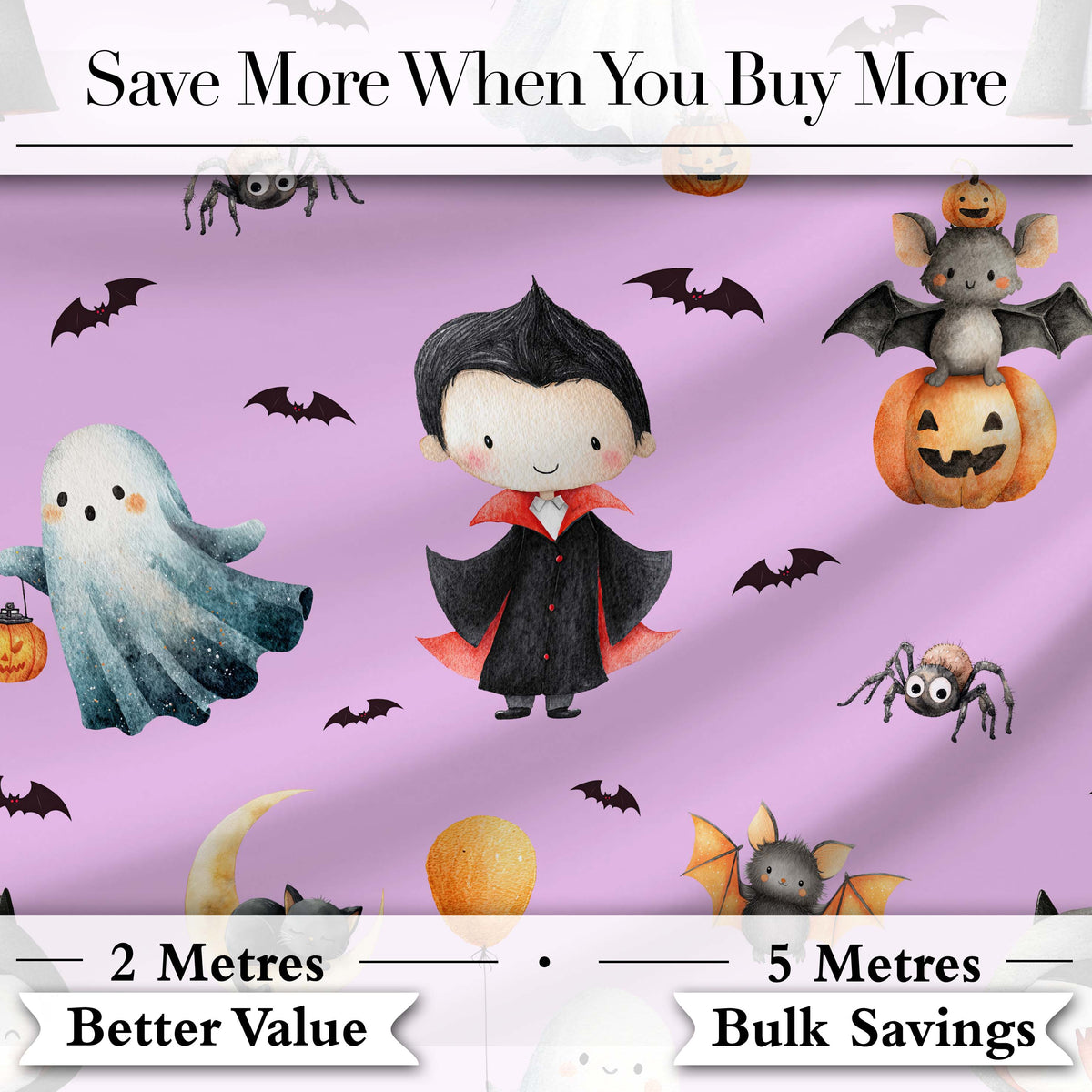 Halloween Vampire Ghost Bat Spooky Character Purple  Seamless Pattern Digital Print Fabric by the Metre UK Sewing Quilting Textile