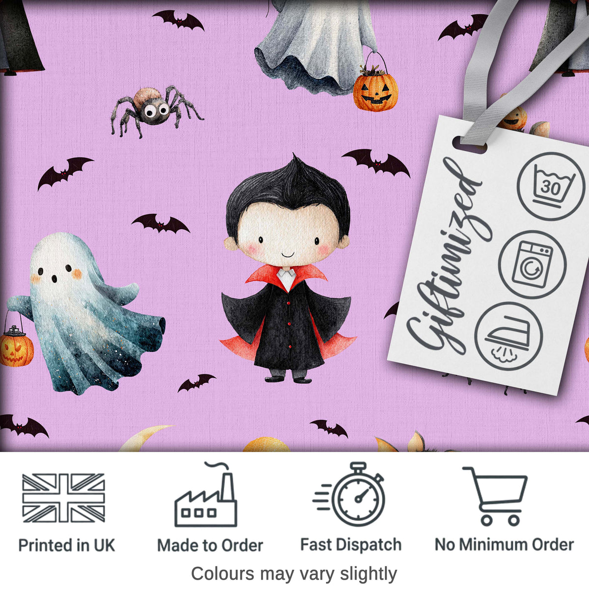 Halloween Vampire Ghost Bat Spooky Character Purple  Seamless Pattern Digital Print Fabric by the Metre UK Sewing Quilting Textile
