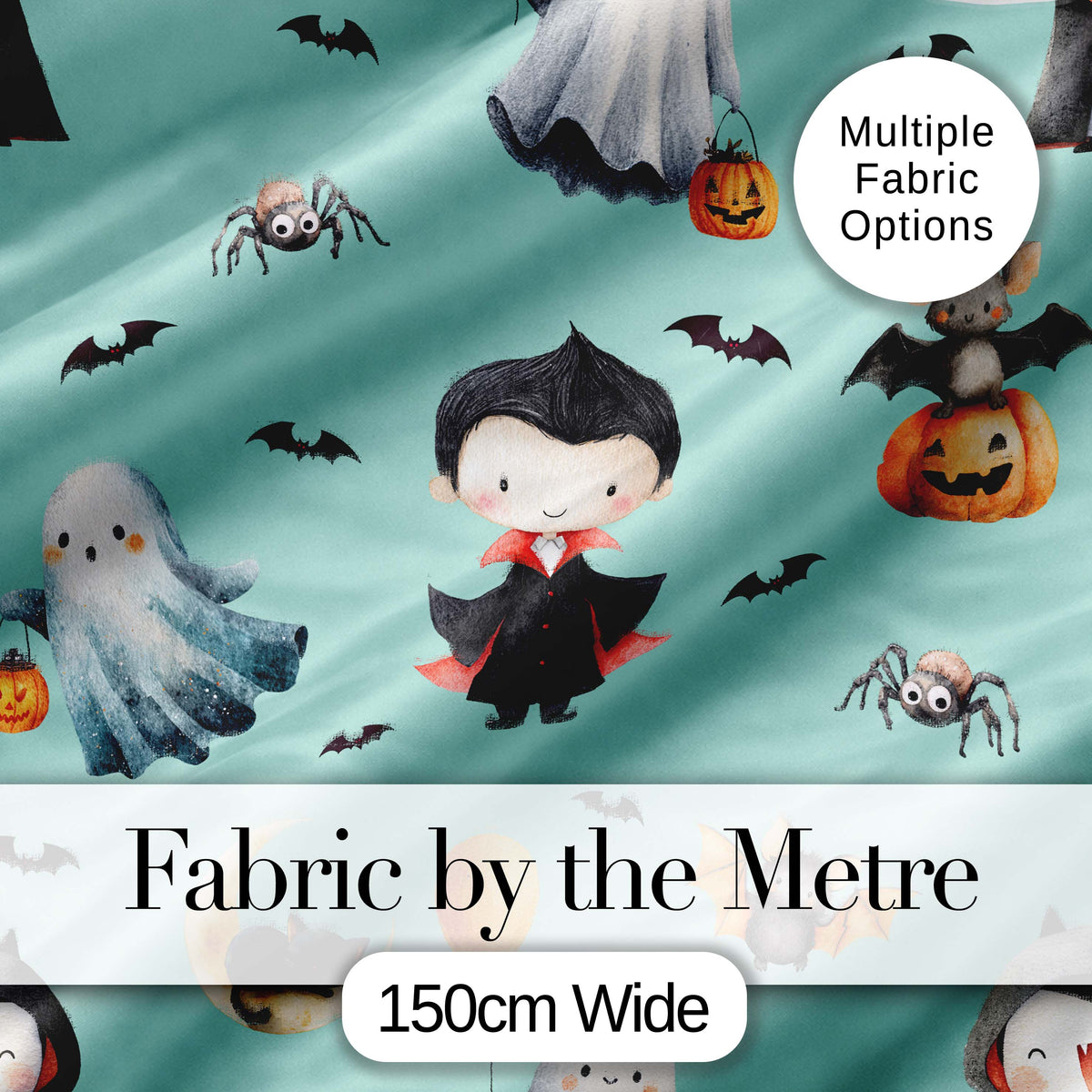 Halloween Vampire Ghost Bats Spooky Characters Mint Green Seamless Pattern Digital Print Fabric by the Metre UK Sewing Quilting Textile