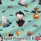 Halloween Vampire Ghost Bats Spooky Characters Mint Green Seamless Pattern Digital Print Fabric by the Metre UK Sewing Quilting Textile