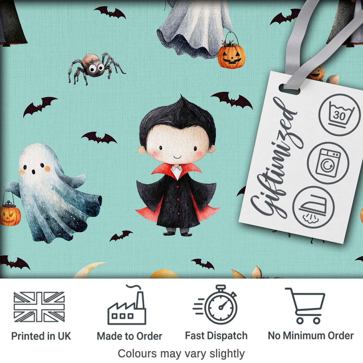 Halloween Vampire Ghost Bats Spooky Characters Mint Green Seamless Pattern Digital Print Fabric by the Metre UK Sewing Quilting Textile
