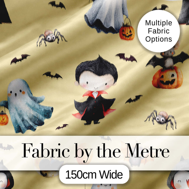 Halloween Vampire Ghost Bats Spooky Characters Warm Yellow  Seamless Pattern Digital Print Fabric by the Metre UK Sewing Quilting Textile
