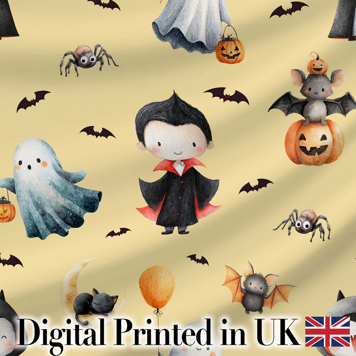 Halloween Vampire Ghost Bats Spooky Characters Warm Yellow  Seamless Pattern Digital Print Fabric by the Metre UK Sewing Quilting Textile