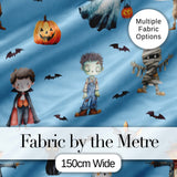 Halloween Zombie Mummy Vampire Bat Spooky Sky Blue  Seamless Pattern Digital Print Fabric by the Metre UK Sewing Quilting Textile