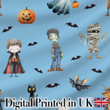 Halloween Zombie Mummy Vampire Bat Spooky Sky Blue  Seamless Pattern Digital Print Fabric by the Metre UK Sewing Quilting Textile