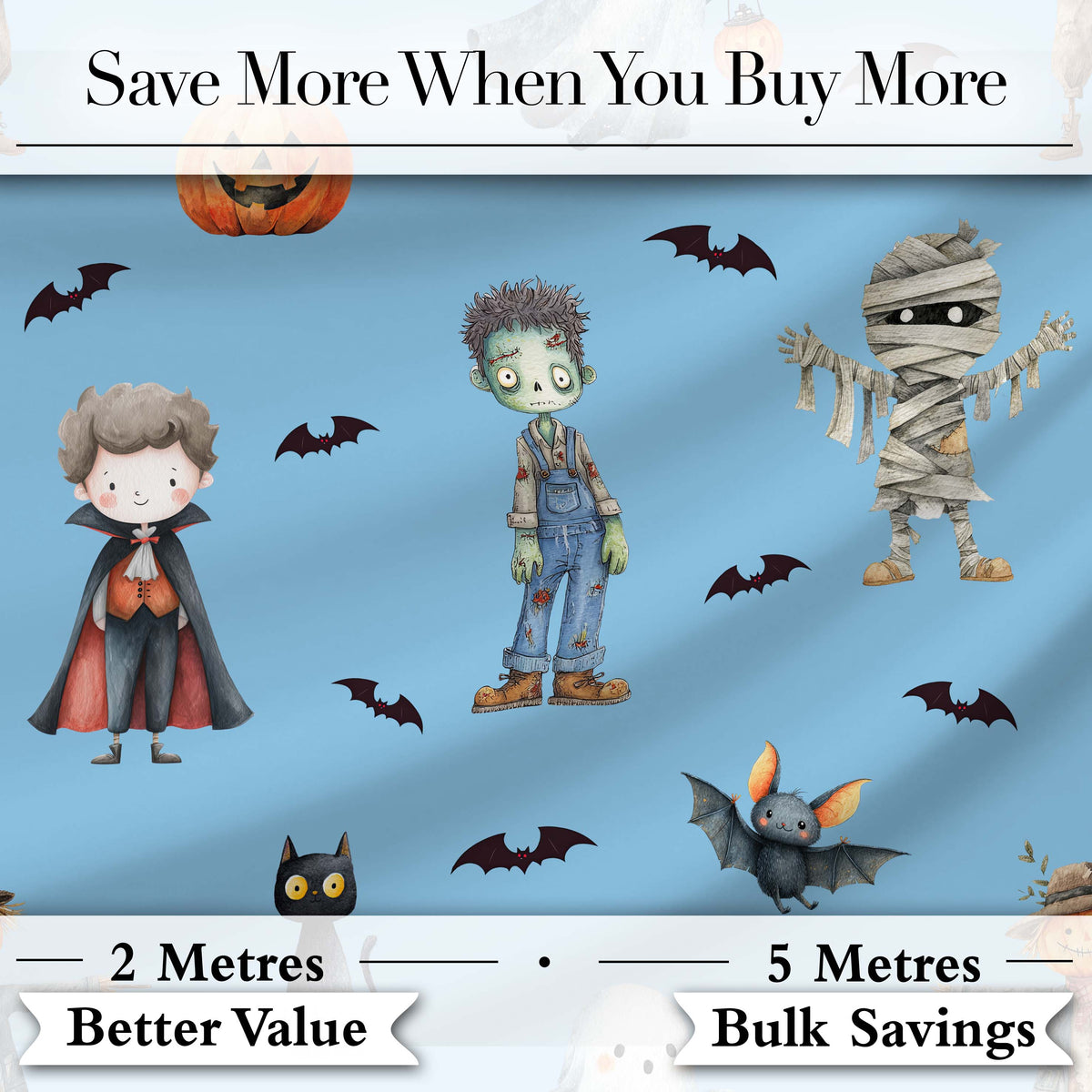 Halloween Zombie Mummy Vampire Bat Spooky Sky Blue  Seamless Pattern Digital Print Fabric by the Metre UK Sewing Quilting Textile