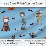 Halloween Zombie Mummy Vampire Bat Spooky Sky Blue  Seamless Pattern Digital Print Fabric by the Metre UK Sewing Quilting Textile