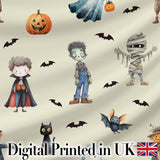Halloween Zombie Mummy Vampire Bat Spooky Cream  Seamless Pattern Digital Print Fabric by the Metre UK Sewing Quilting Textile