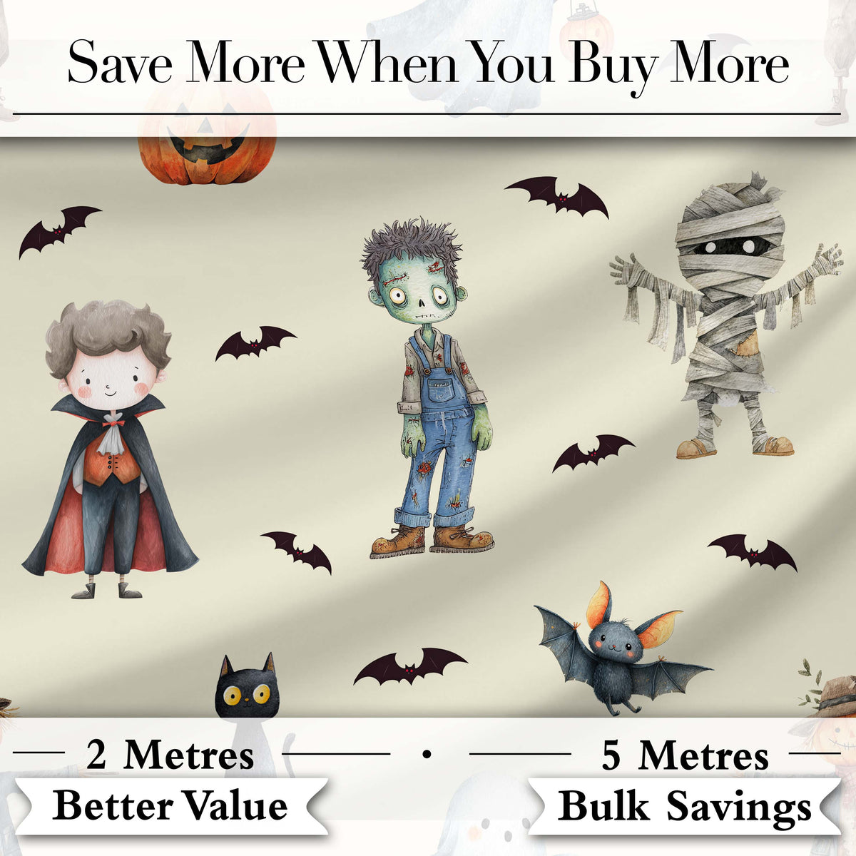 Halloween Zombie Mummy Vampire Bat Spooky Cream  Seamless Pattern Digital Print Fabric by the Metre UK Sewing Quilting Textile