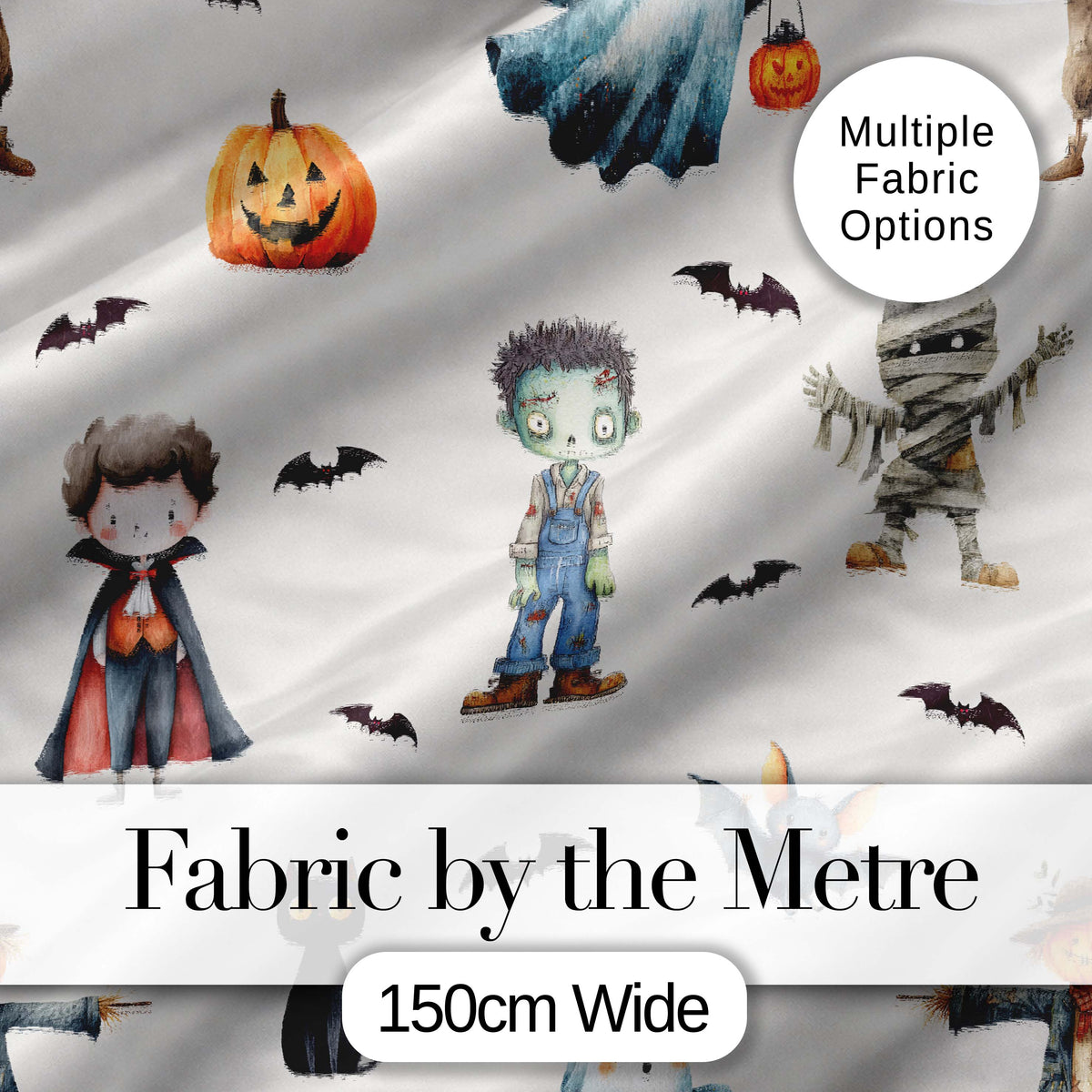 Halloween Zombie Mummy Vampire Bat Spooky Light Grey  Seamless Pattern Digital Print Fabric by the Metre UK Sewing Quilting Textile
