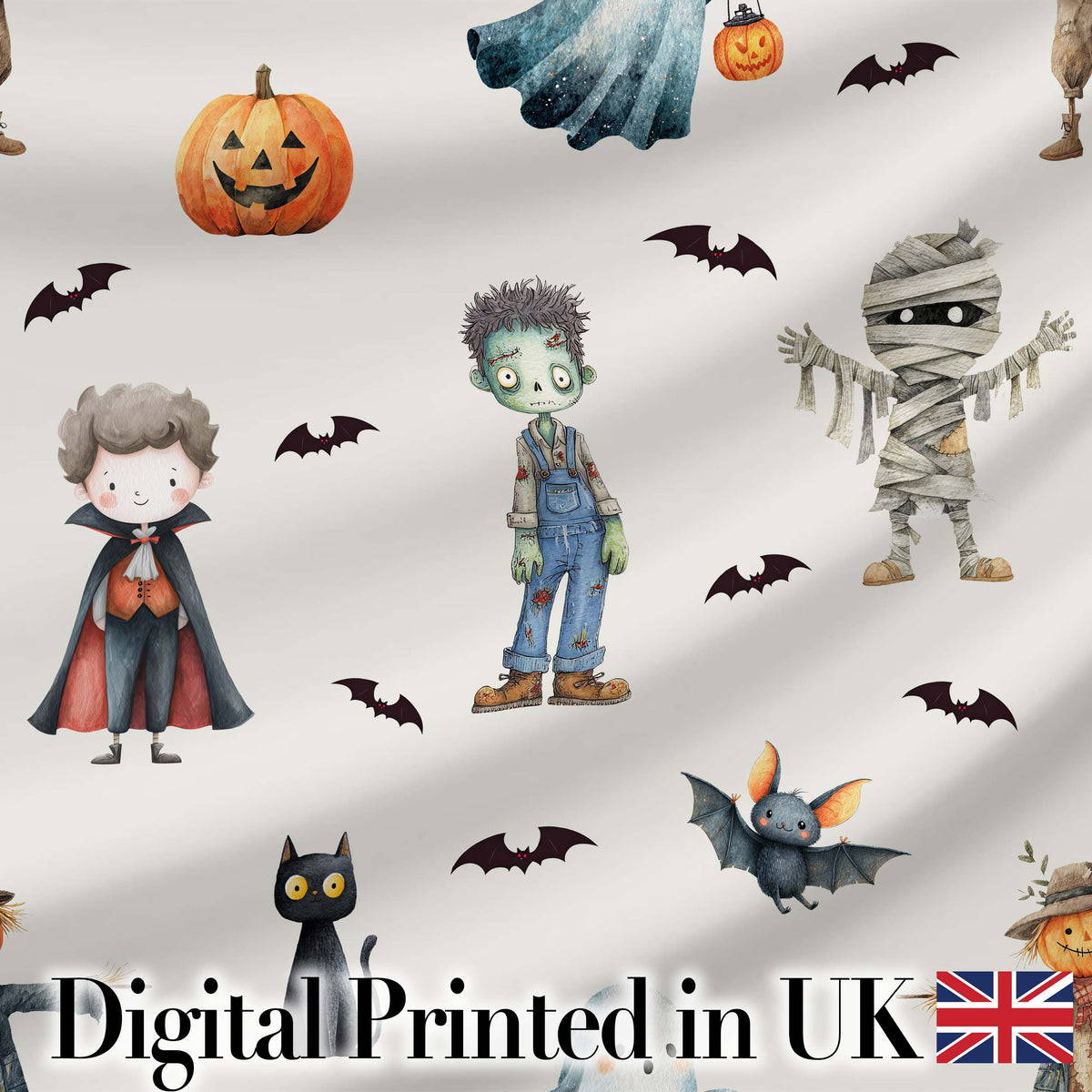 Halloween Zombie Mummy Vampire Bat Spooky Light Grey  Seamless Pattern Digital Print Fabric by the Metre UK Sewing Quilting Textile