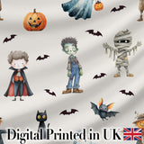 Halloween Zombie Mummy Vampire Bat Spooky Light Grey  Seamless Pattern Digital Print Fabric by the Metre UK Sewing Quilting Textile
