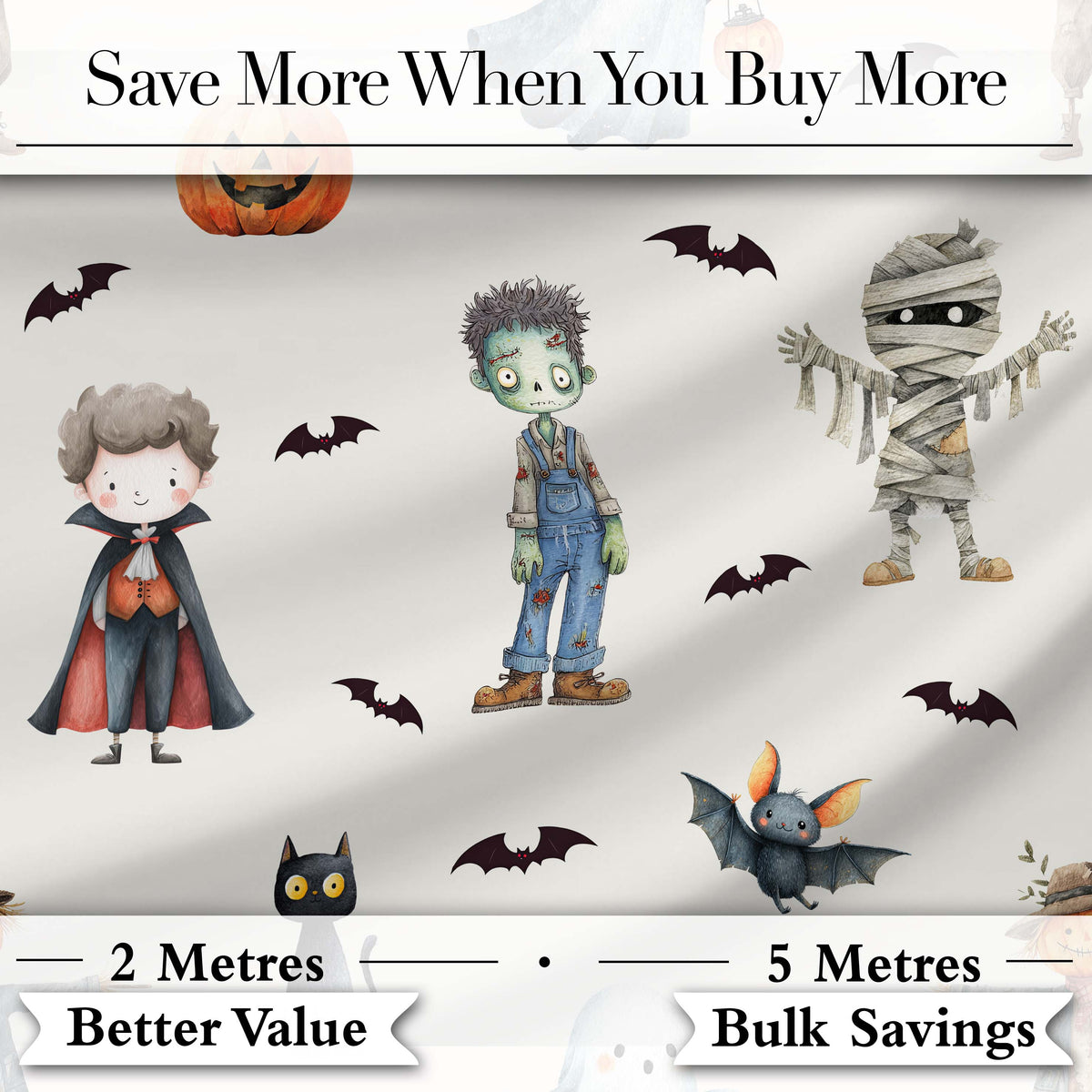 Halloween Zombie Mummy Vampire Bat Spooky Light Grey  Seamless Pattern Digital Print Fabric by the Metre UK Sewing Quilting Textile